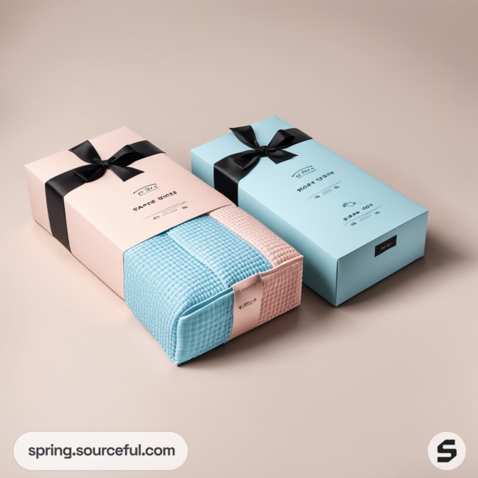 Pastel pink and blue gift boxes with black ribbons, containing waffle-textured fabric sets.