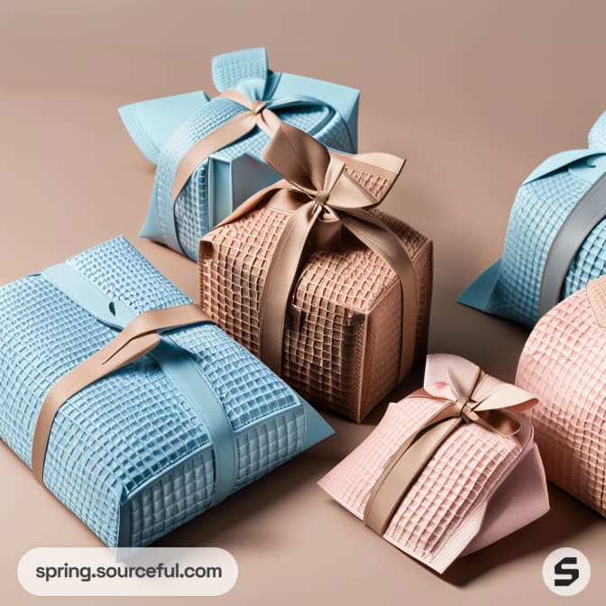 Gift boxes wrapped in textured blue and pink paper with beige ribbons on a brown surface.