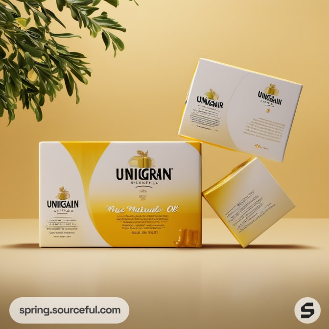 Boxes of Unigrain natural oil on a light background.