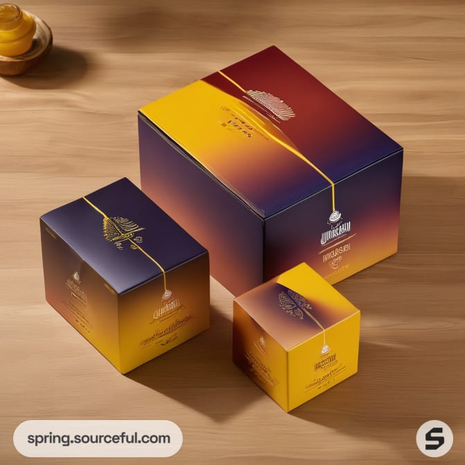 Three gradient boxes with Unigrain branding on wooden surface.