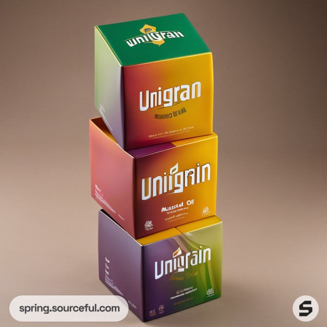 Stacked colorful Unigrain boxes with labels.