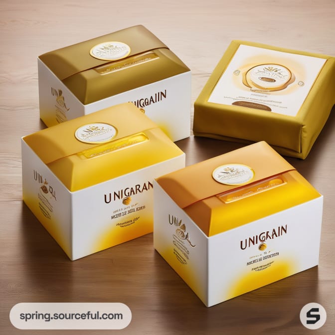 Four white and gold Unigrain boxes on wood surface.