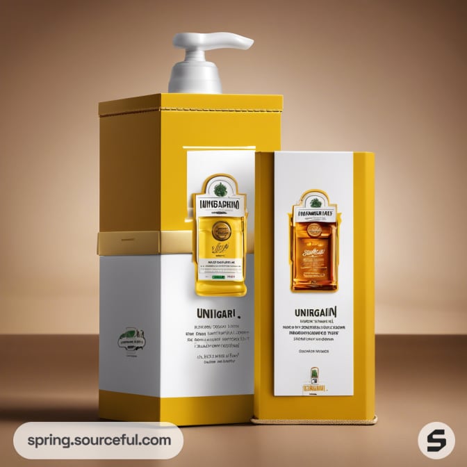 Tall and box packaging of Unigrain oil with pump dispenser.