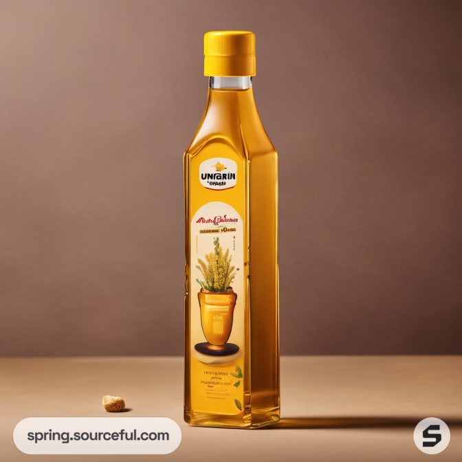 Slim Unigrain oil bottle with golden design on brown background.