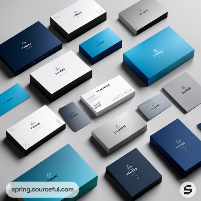 Assorted boxes in blues and greys, arranged flat.
