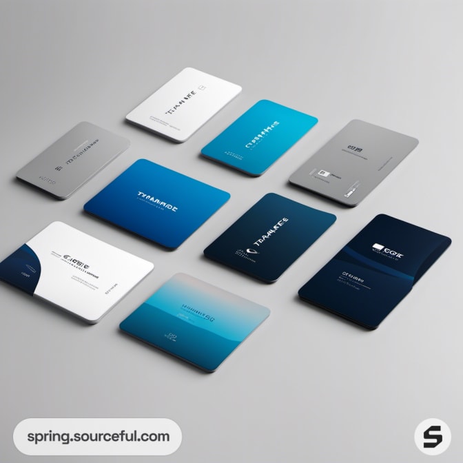 Assortment of credit-card sized items in blues and greys.