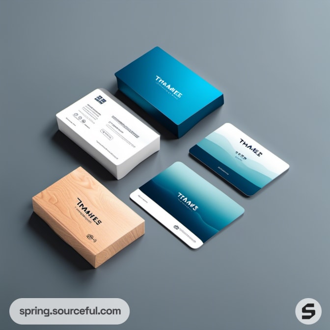 Collection of boxes and cards in blues and wood texture.