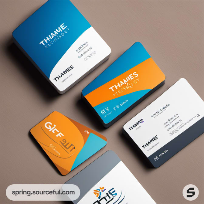 Colorful assortment of rectangular boxes and cards with blues and oranges.