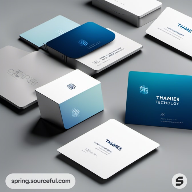 Modern business cards and boxes with blue gradient design.