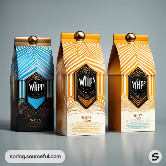 Striped packaging in black, blue, and orange shades