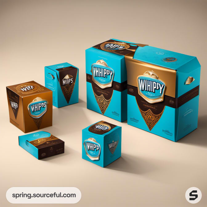 Boxes with blue and brown geometric packaging