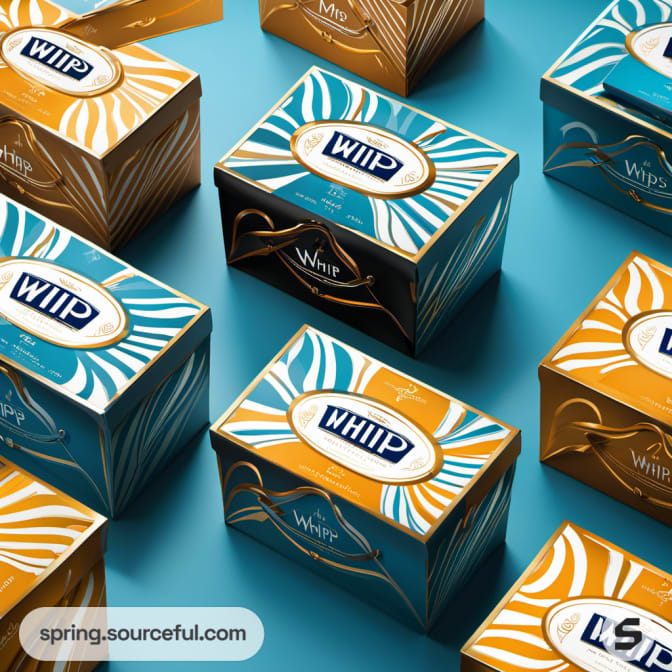 Blue and gold dessert boxes with sunburst pattern