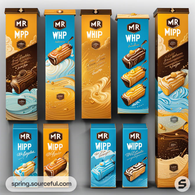 Chocolate dessert boxes in blue, orange, brown