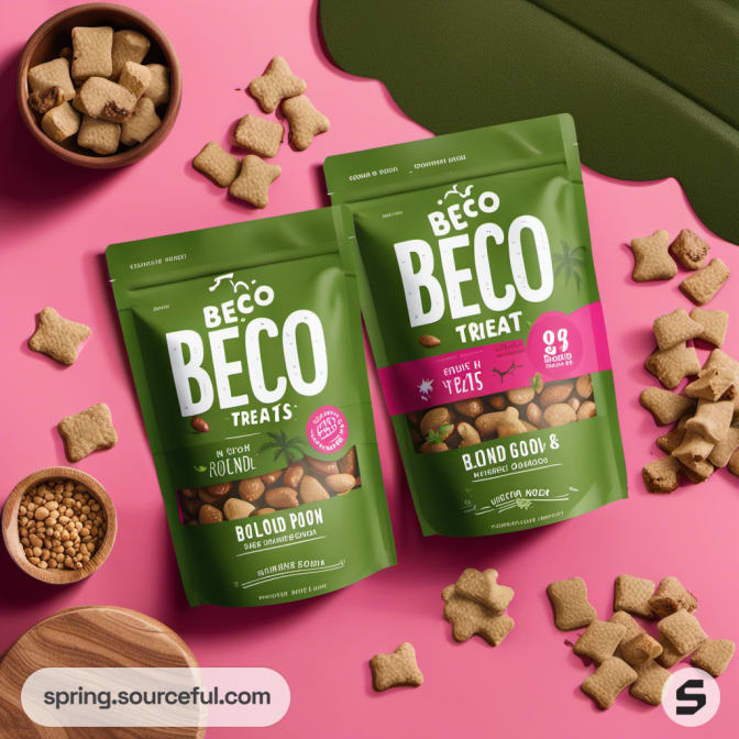 Two green pouches of dog treats on pink surface with kibble scattered.