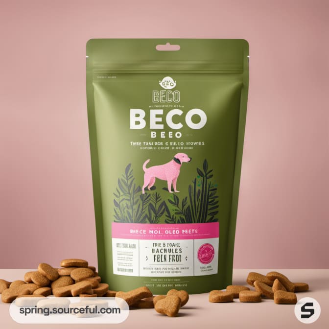 Large green pouch of dog food against pink background with kibble.