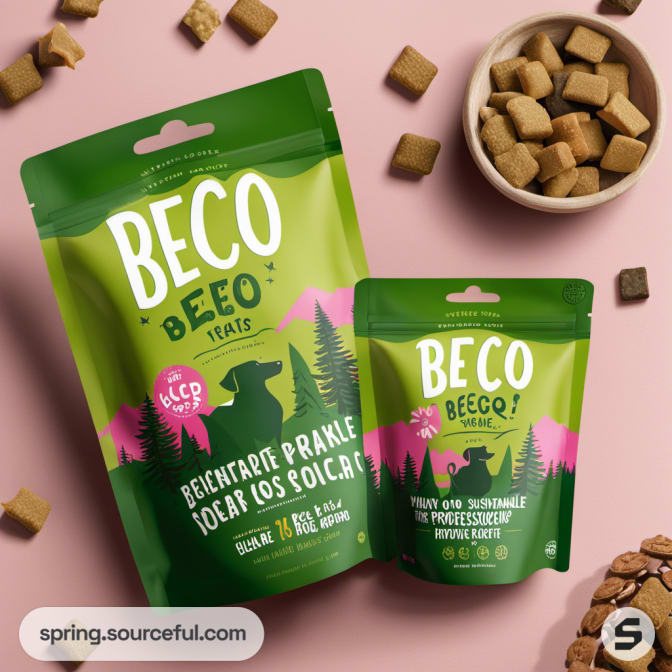 Two green BECO pouches, one large and one small, with treats inside bowls.