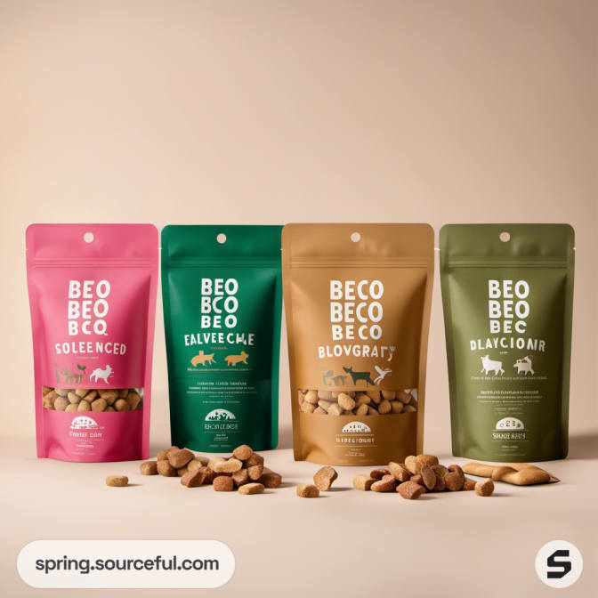 Four assorted BECO pouches in different colors with scattered kibble.