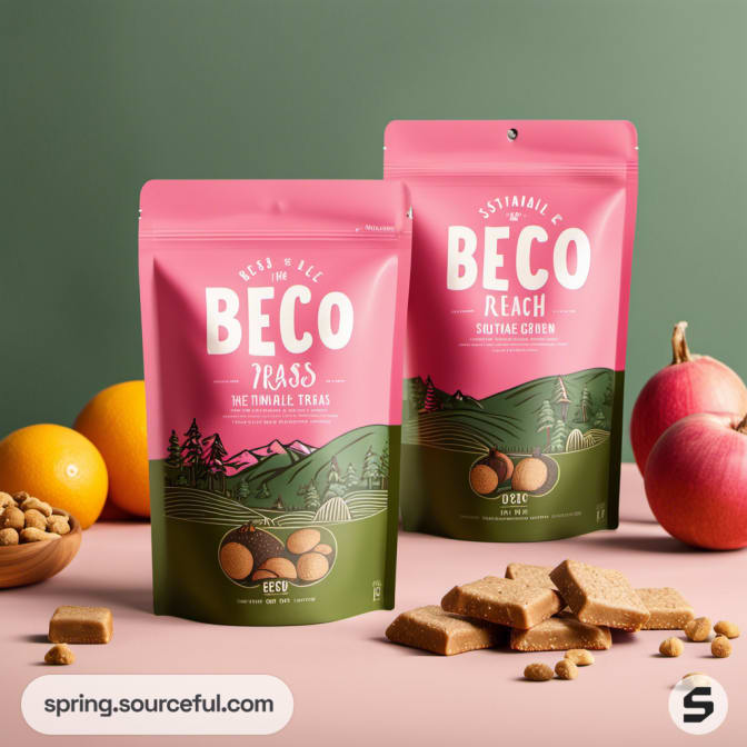 Two pink and green pouches of BECO treats with fruits and treats.