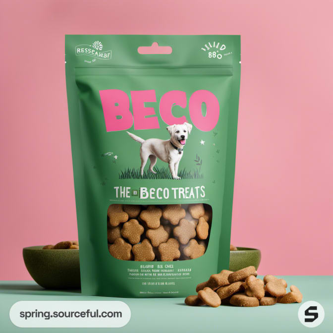 Green pouch of BECO dog treats with a dog image, kibble scattered.