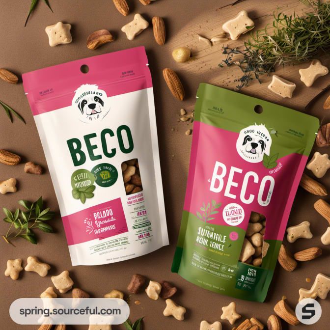 Two pink and green BECO pouches with dog treats on brown surface.