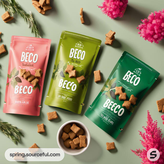 Three BECO pouches in pink, green, and dark green with scattered kibble.