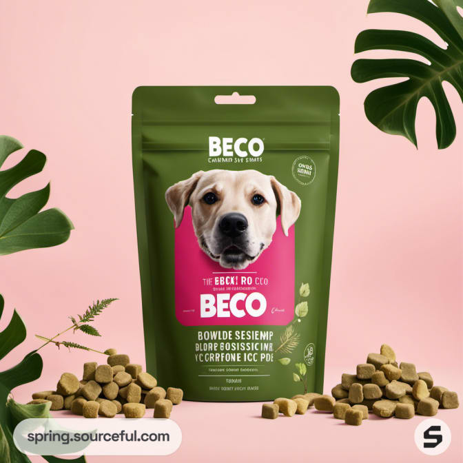 Green pouch with a dog's face and scattered kibble on pink background.