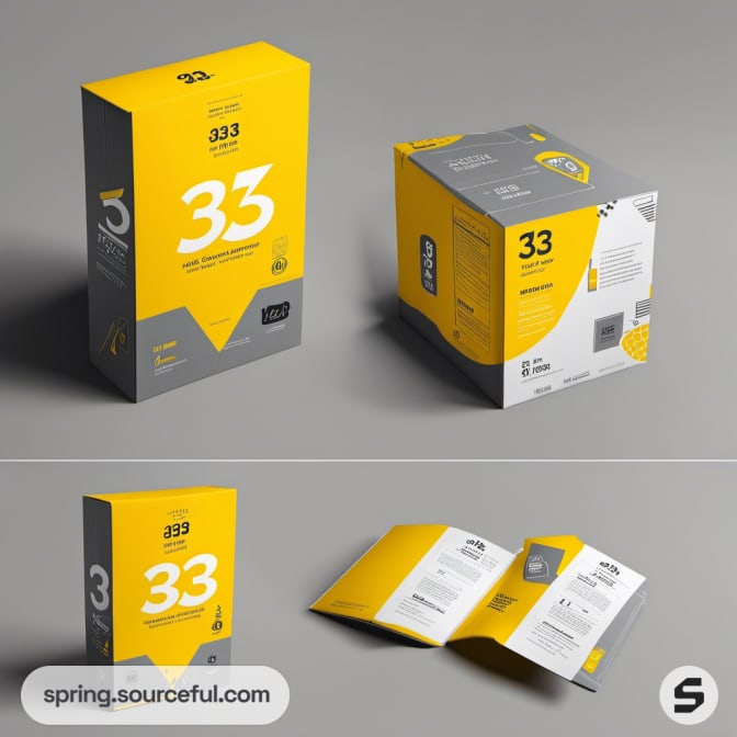 Yellow and grey cubic box with a folded leaflet.