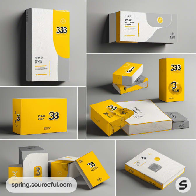 Assorted boxes in yellow, grey, and white with numerical designs.