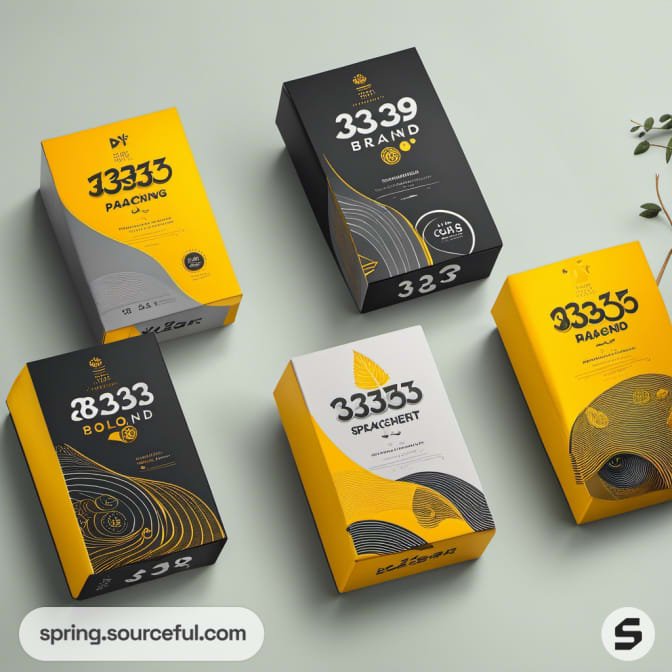 Five yellow and grey boxes with various patterns on green surface.