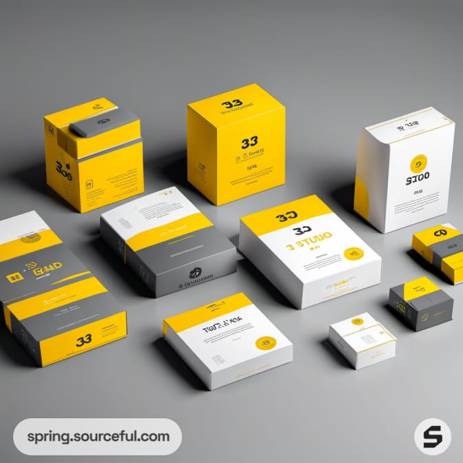 Collection of grey and yellow packaging boxes arranged neatly.