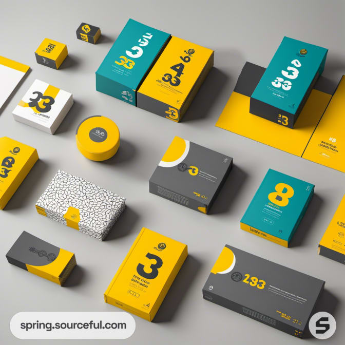 Assorted grey, white, and yellow packaging on a grey surface.