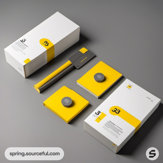 Minimalist white and yellow packaging with a small grey item.