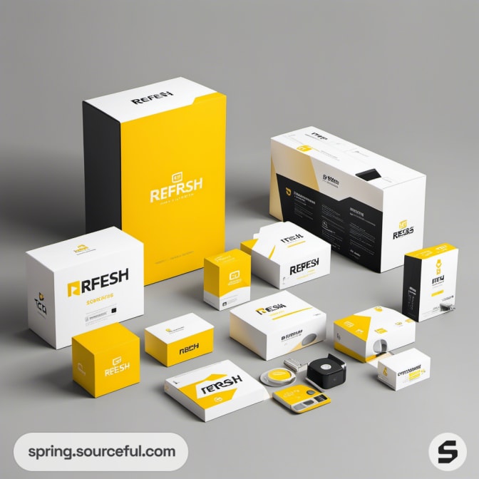 Yellow and white packaging boxes arranged in a group.