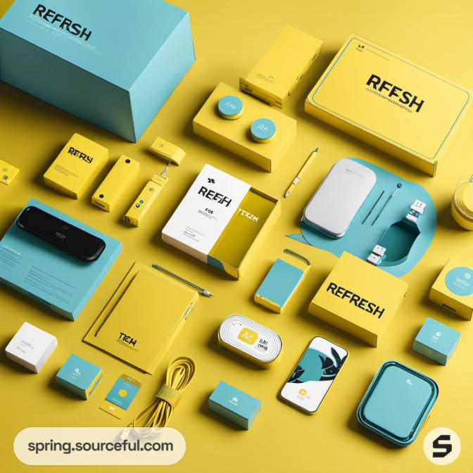 Turquoise and yellow tech product packaging displayed neatly.