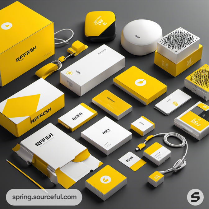 Yellow and white packaging with electronic accessories.