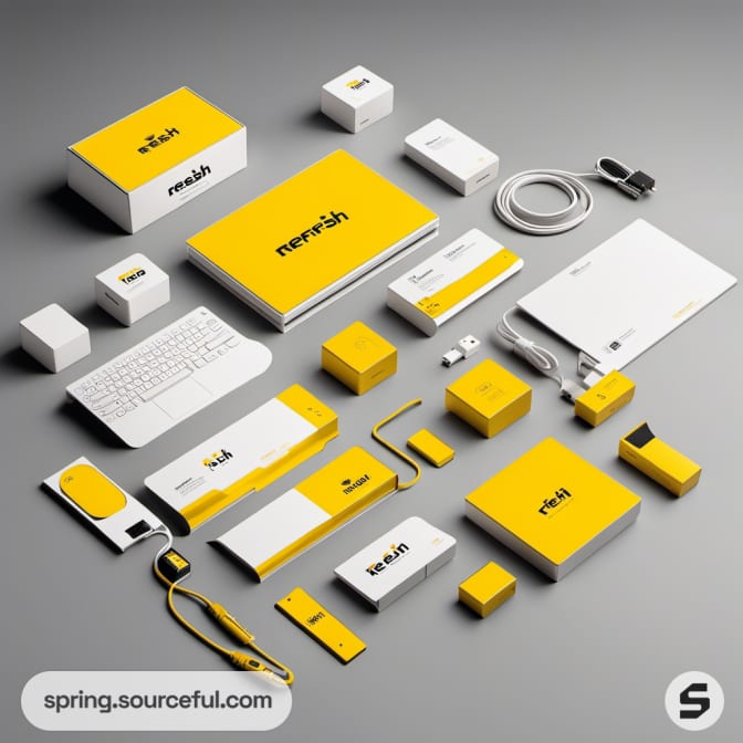 Yellow and white tech packaging with electronic items and cables.