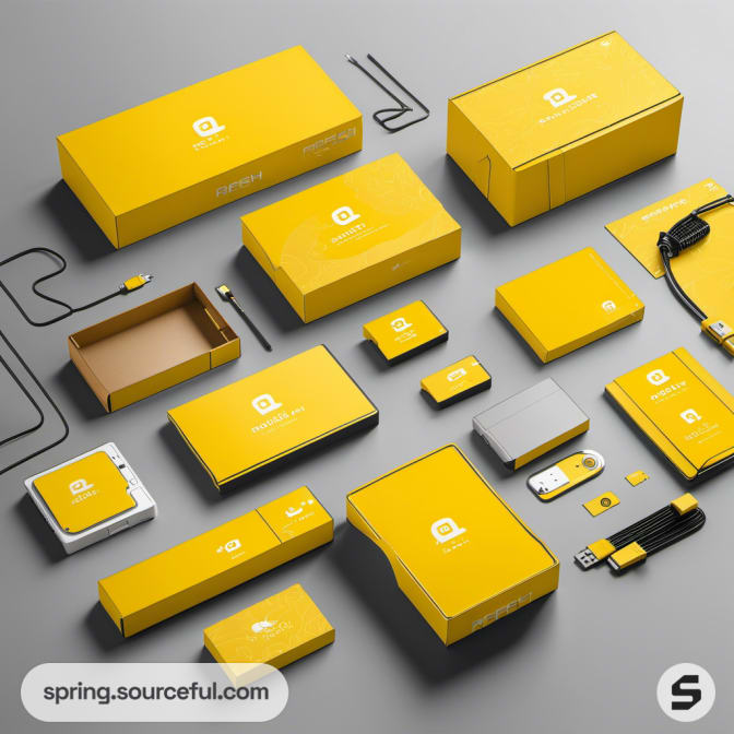 Yellow tech packaging with various electronic accessories.