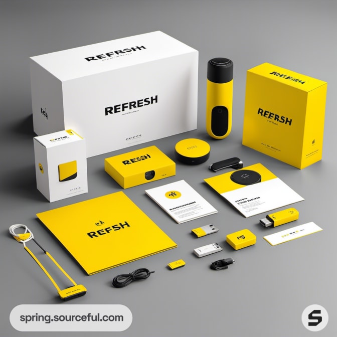 White and yellow packaging with a water bottle and tech gadgets.