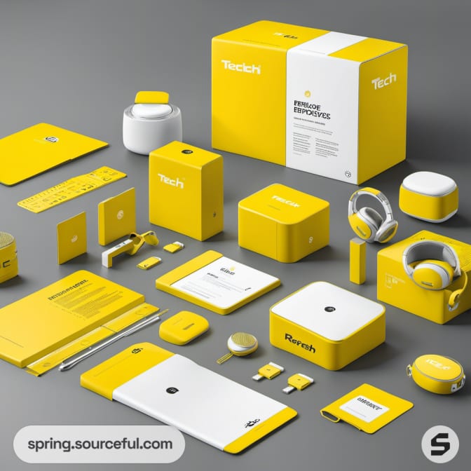 Yellow and white electronic gadget packaging with headphones.