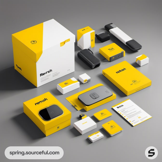 Yellow packaging for electronic gadgets with wireless devices.