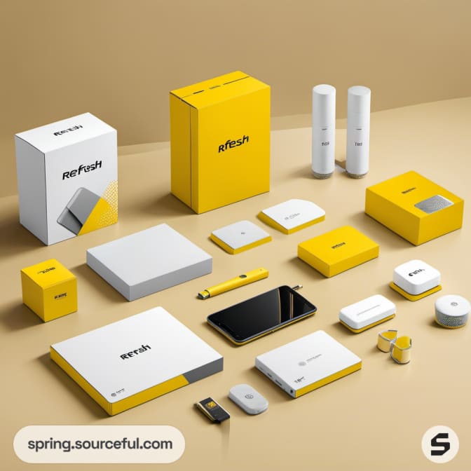 Yellow and white boxes with electronic devices and cards.