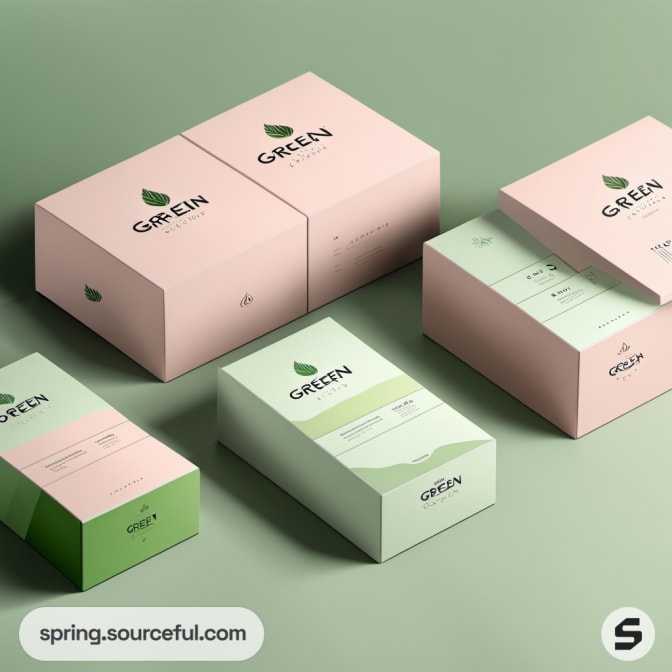 Pastel-toned green and pink boxes displayed on a green surface.