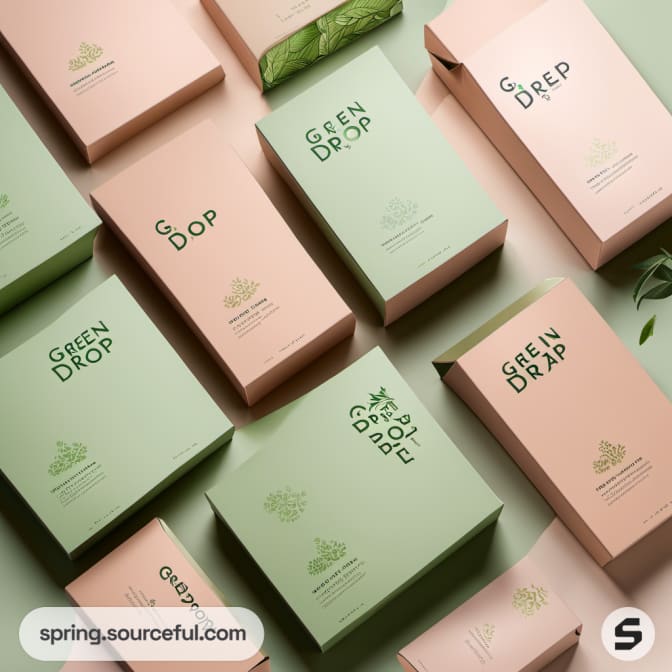 Various green tea boxes in pastel shades arranged in a flat lay.