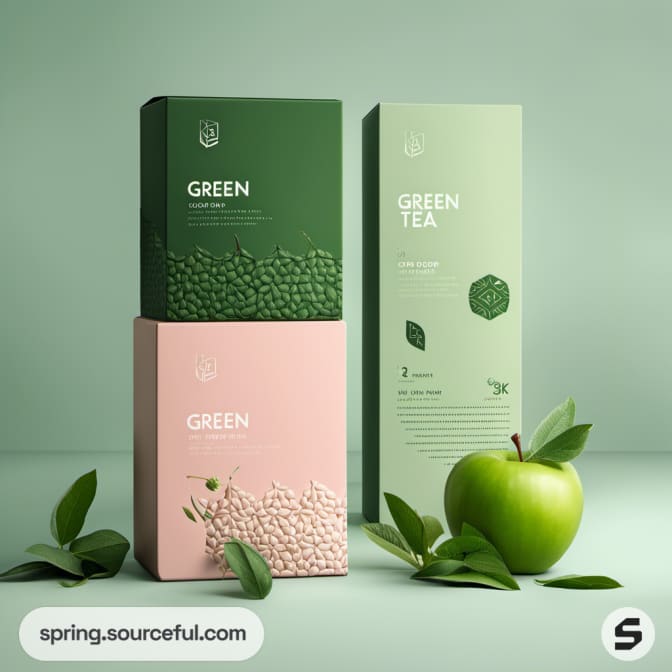 Green tea boxes in gradient shades with an apple on a green backdrop.