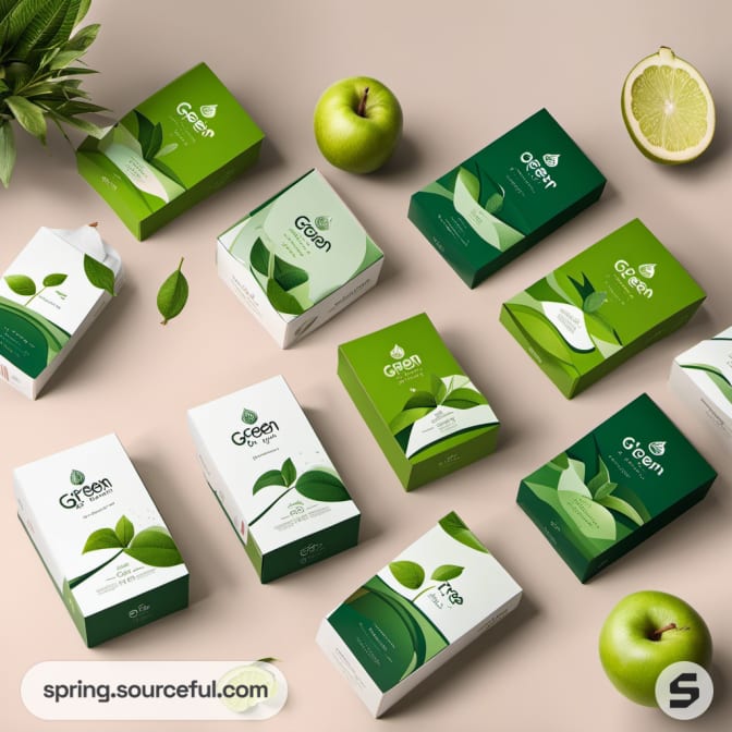 Diverse green-themed tea boxes with apples and leaves scattered around.