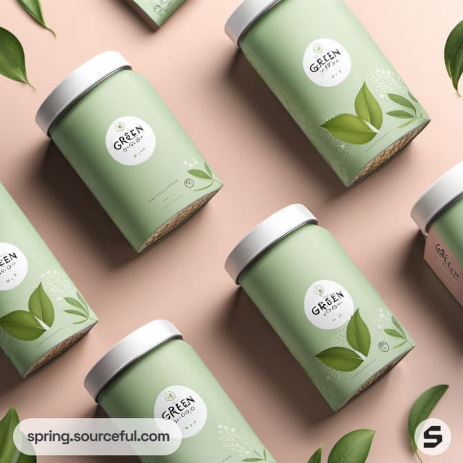 Light green cylindrical tea canisters with leaf designs on a beige surface.