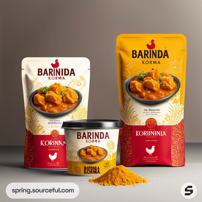 Chicken korma packaging with yellow and white pouches and black lidded tub.