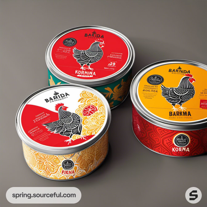 Three round tin containers with rooster designs for different korma flavors.