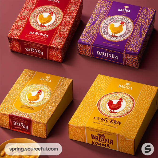 Four intricately designed korma boxes in red, yellow, and orange colors.