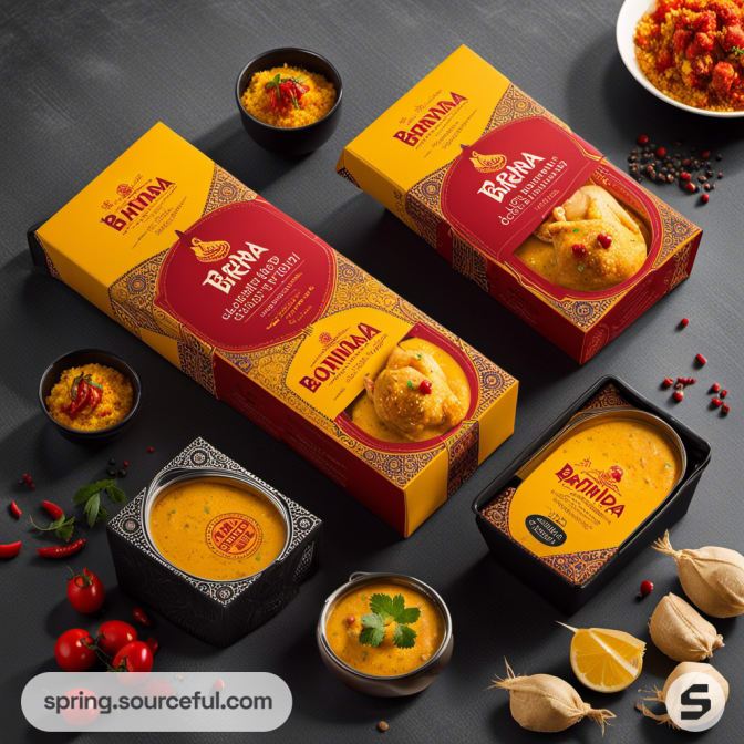 Chicken korma packaging with yellow and red boxes and bowls of curry.